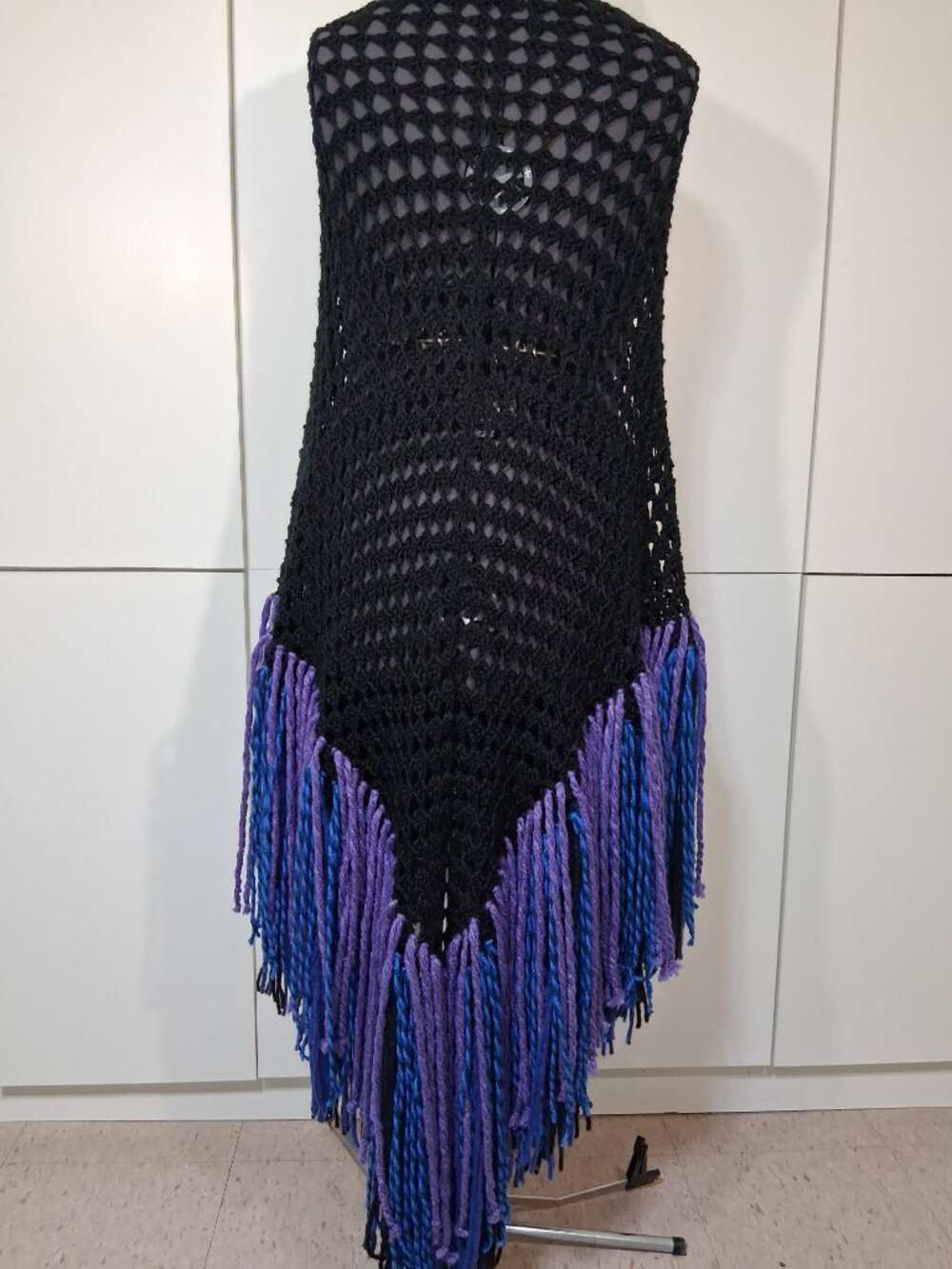 Boho Black with Royal Blue - Purple - Black Super Fringe Shawl - Picture 9 of 12